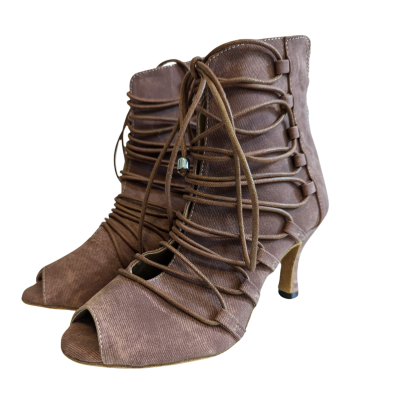 Jeannie fabric dance boot. Lace-up and back zip in brown fabric